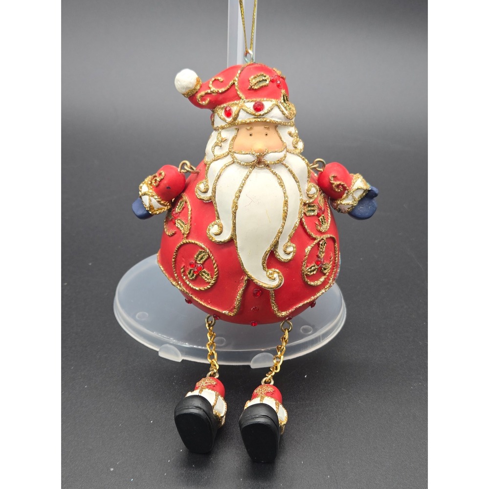 Santa Claus Christmas Ornament Red Gold Glitter Rhinestone Dangle Legs